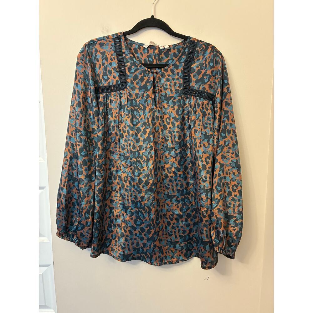 Soft Surroundings Gianna Copper Teal Animal Print Blouse Long Sleeve Navy XL